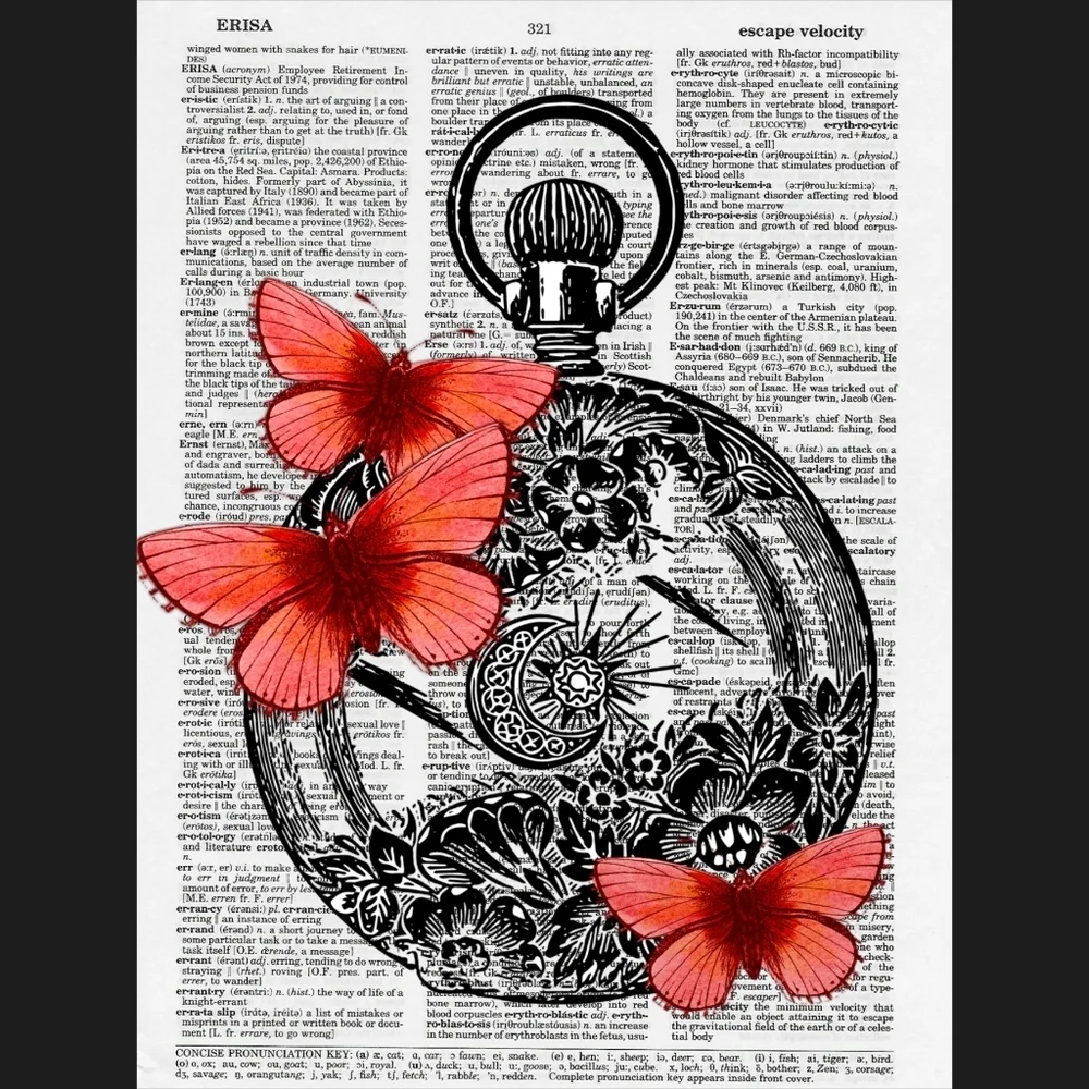 Celestial Pocket Watch Orange Butterflies Goth Whim Vintage Book Page Art Print